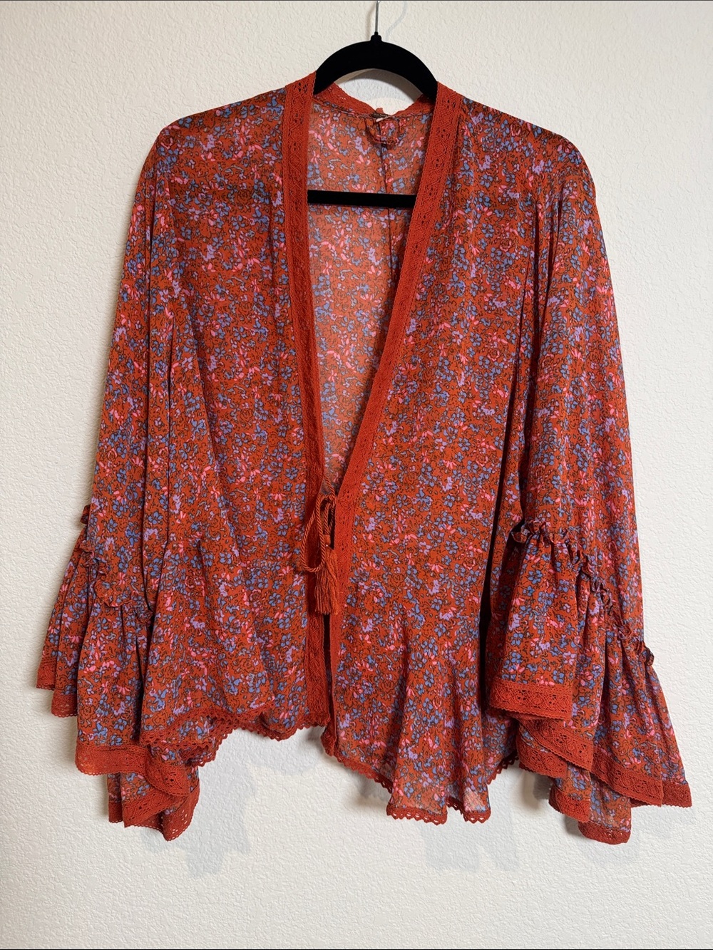 Free People Lola Wild Red Flare Sleeve Kimono Size Small